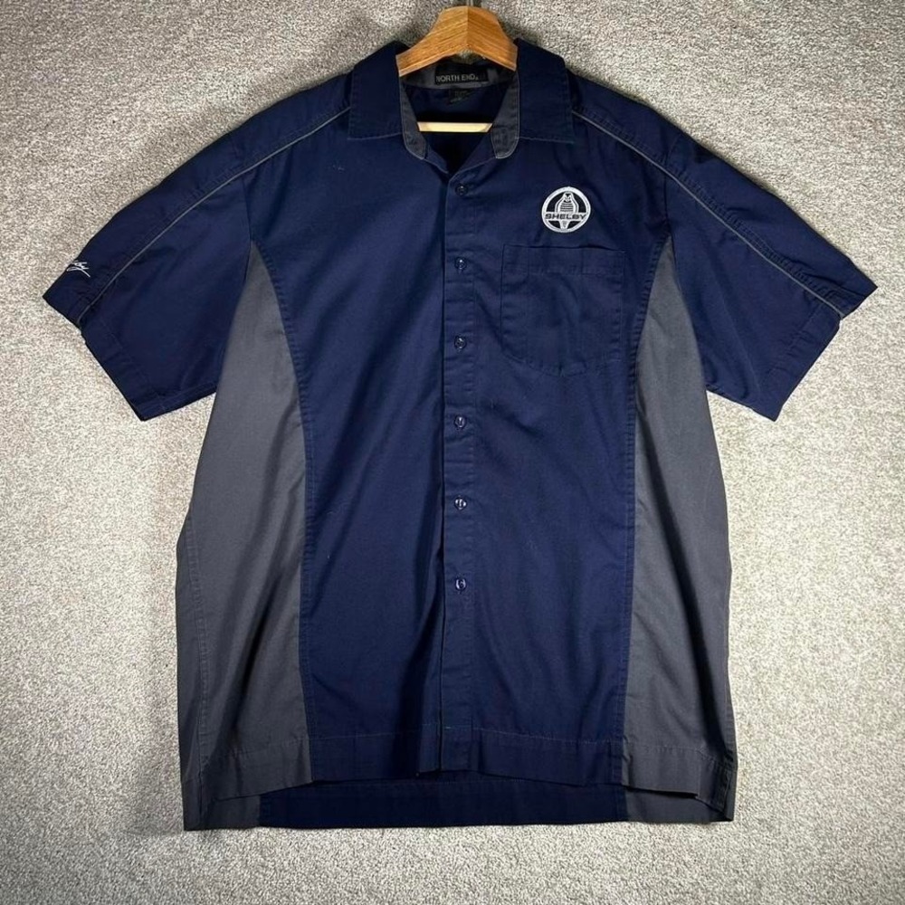 Vintage Shelby Cobra navy blue and grey short sleeve embroidered work shirt